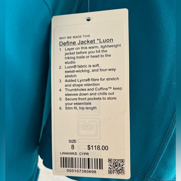 Lululemon NWT define jacket, * Luon size 8 Cypress Blue - Picture 4 of 6